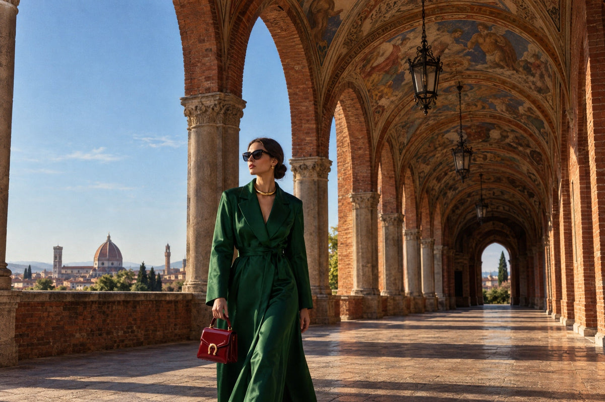 A woman in an emerald silk coat walking through a brick arcade carrying a red top-handle bag