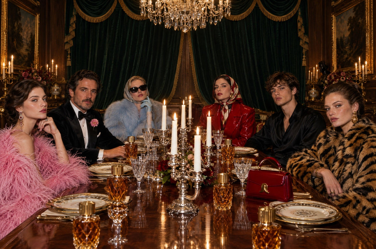 A dinner party of six flamboyantly dressed guests at a candlelit table, amber perfume flacons among the crystal