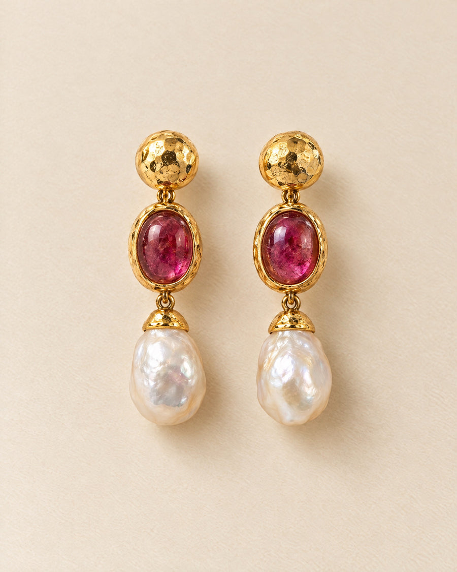 Boucles Pivoine: pink tourmaline and baroque pearl drop earrings in 18ct gold