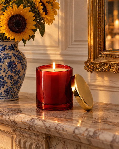 The candle lit on a marble mantelpiece beside sunflowers and a gilt mirror
