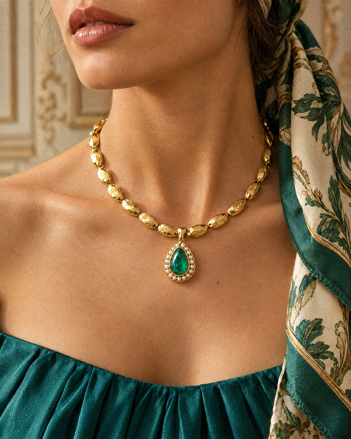 Collier Paon worn above a teal silk neckline with a printed silk headscarf