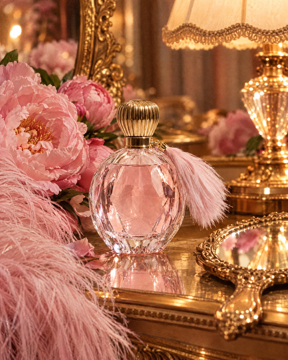 La Comtesse on a gilt dressing table among pink ostrich feathers and peonies