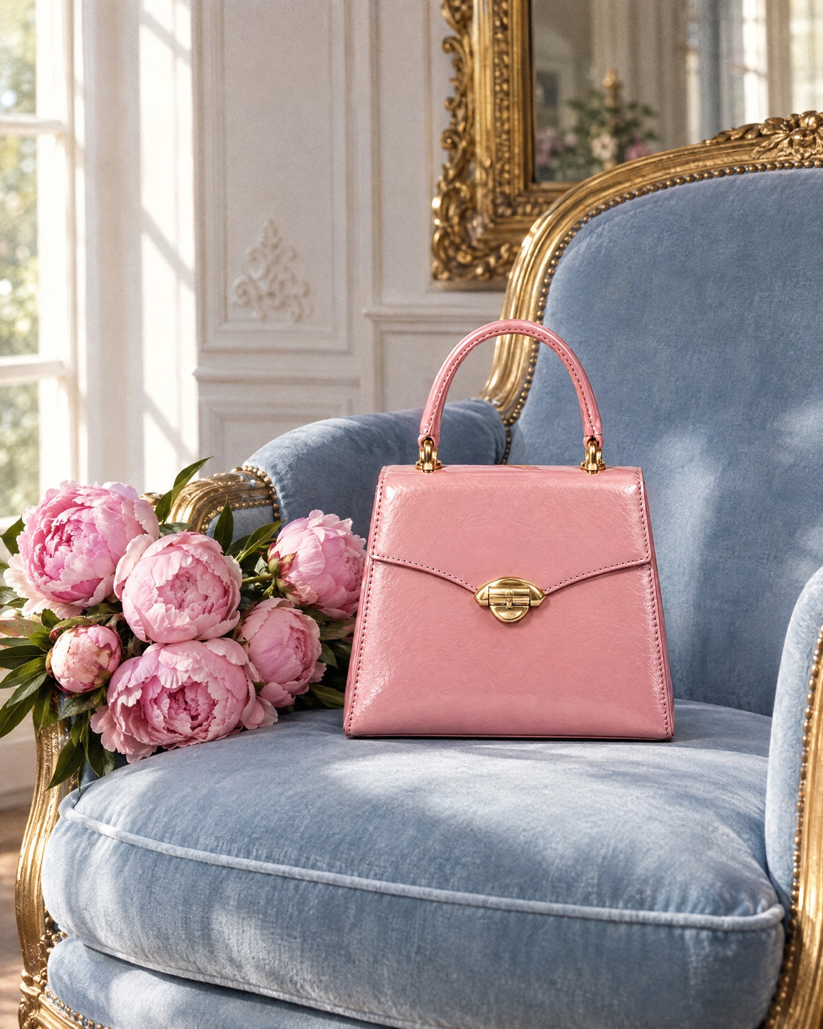 La Promenade Mini on a powder-blue velvet chair with pink peonies