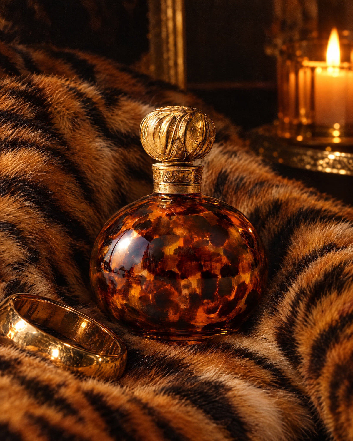 La Tigresse on a tiger-print fur throw beside a gold cuff in low warm light