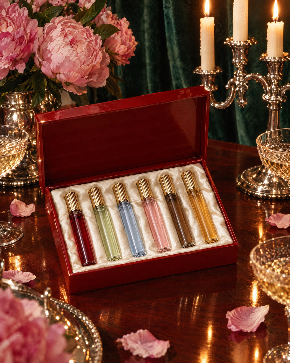 Six fragrance vials with gold caps on a candlelit dinner table among crystal glasses
