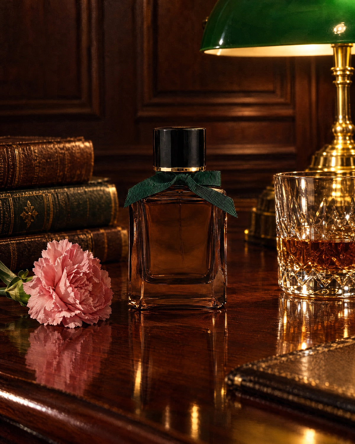 Le Dandy on a mahogany desk beside a pink carnation, a crystal tumbler and a green banker's lamp