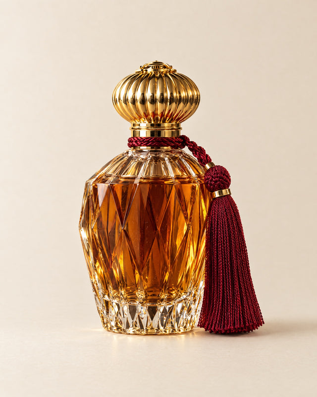 Le Dîner extrait de parfum, faceted amber flacon with a fluted gold cap and red silk tassel