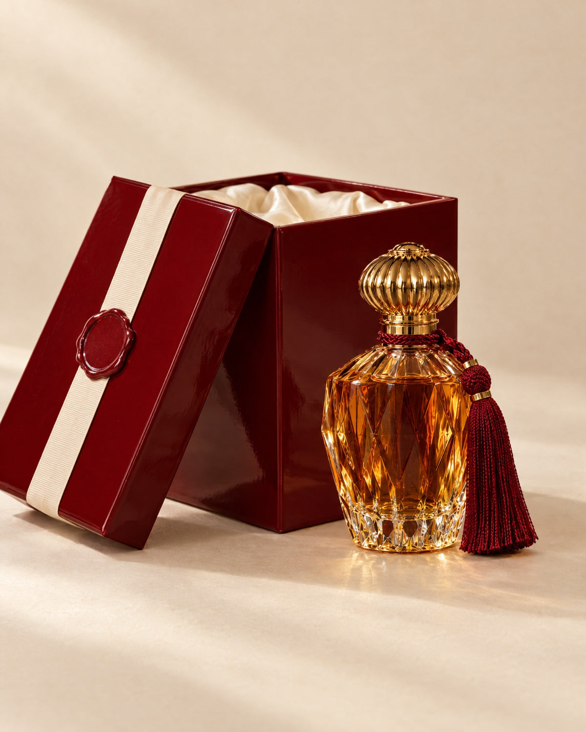 Le Dîner flacon beside its lacquer-red gift box with a red wax seal