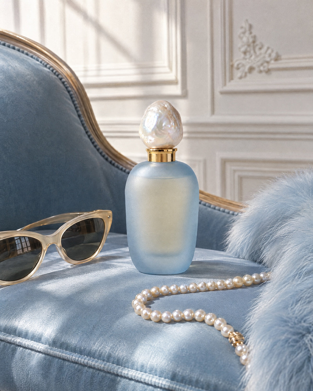 Madame Bleu on a powder-blue silk chaise with vintage sunglasses and pearls