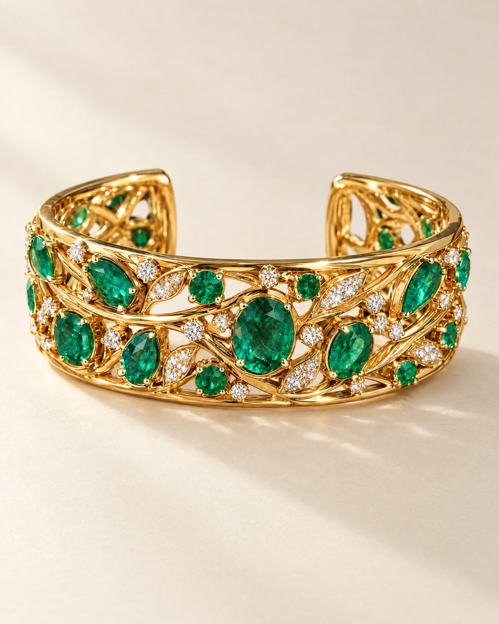 Manchette Jardin: hand-pierced 18ct gold cuff with emeralds and diamonds