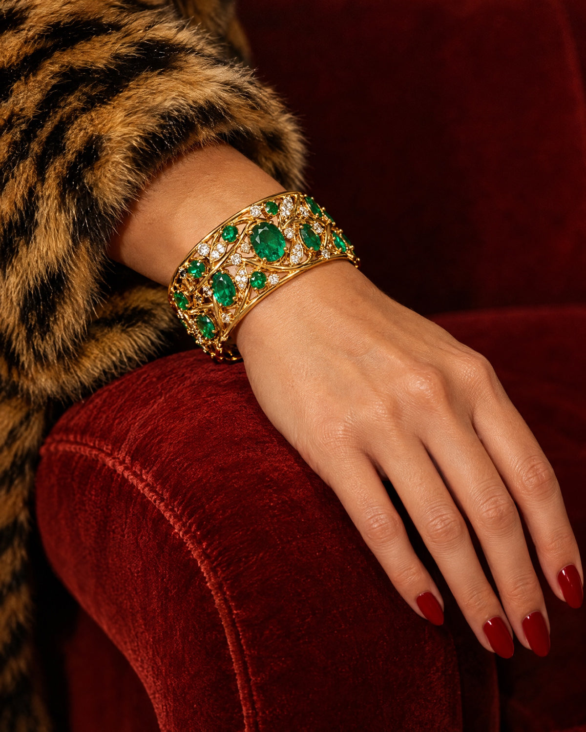 Manchette Jardin worn on a wrist resting on a red velvet sofa arm