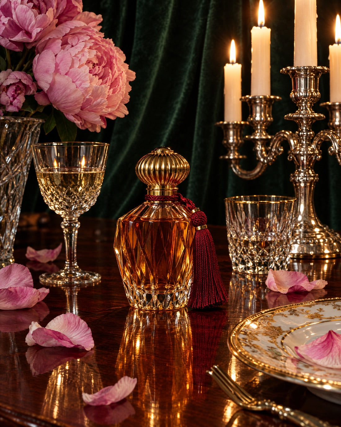 Le Dîner on a candlelit dinner table among crystal and peony petals