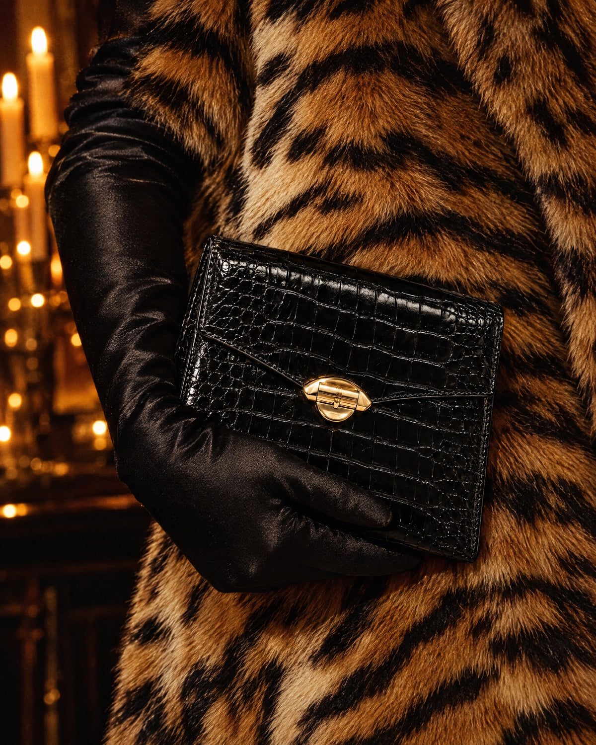 Pochette Minuit held in a black satin-gloved hand against a tiger-print fur coat