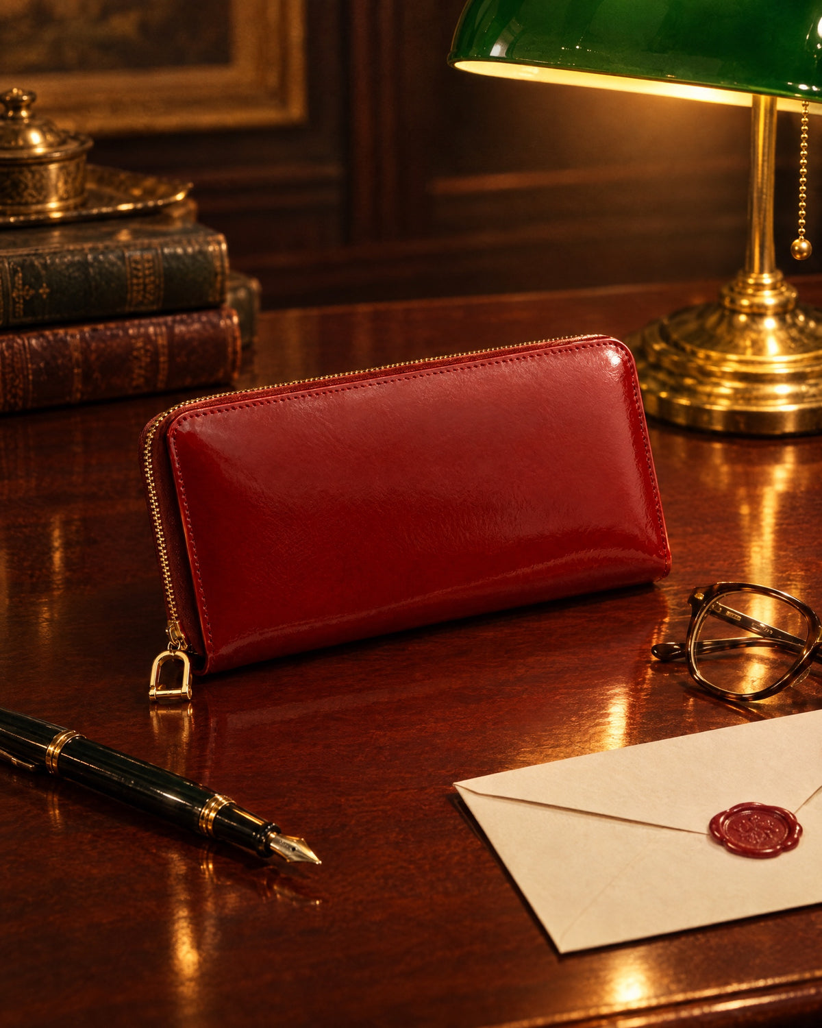 Portefeuille Laque on a mahogany desk beside a fountain pen and a wax-sealed envelope