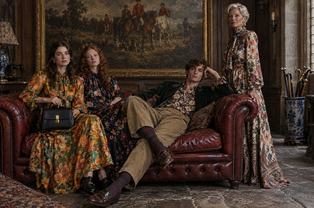 An eccentric family in floral silks on a red leather Chesterfield beneath a painting of horses
