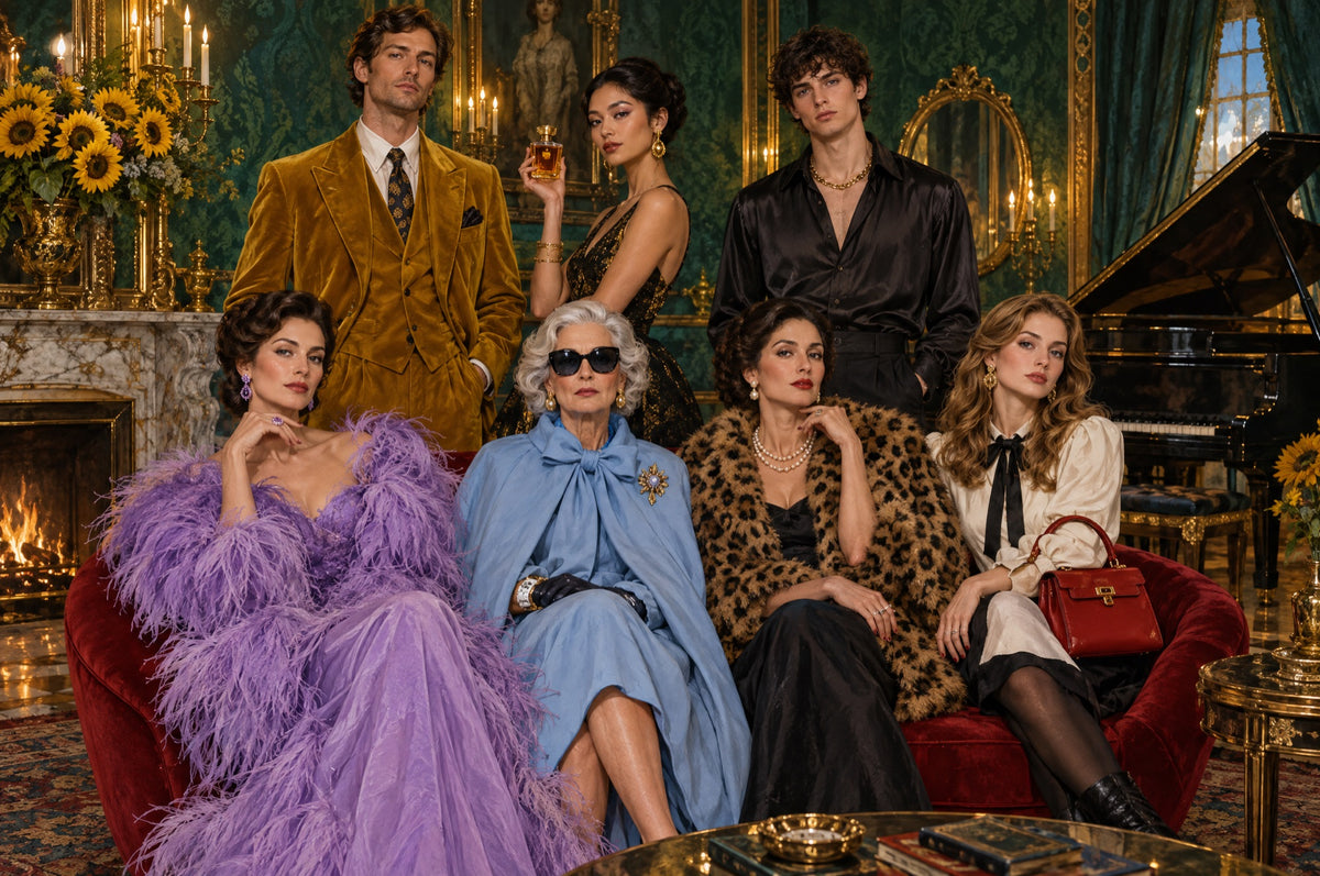 The Sabelle family in furs, velvet and feathers on a red velvet sofa in an emerald salon