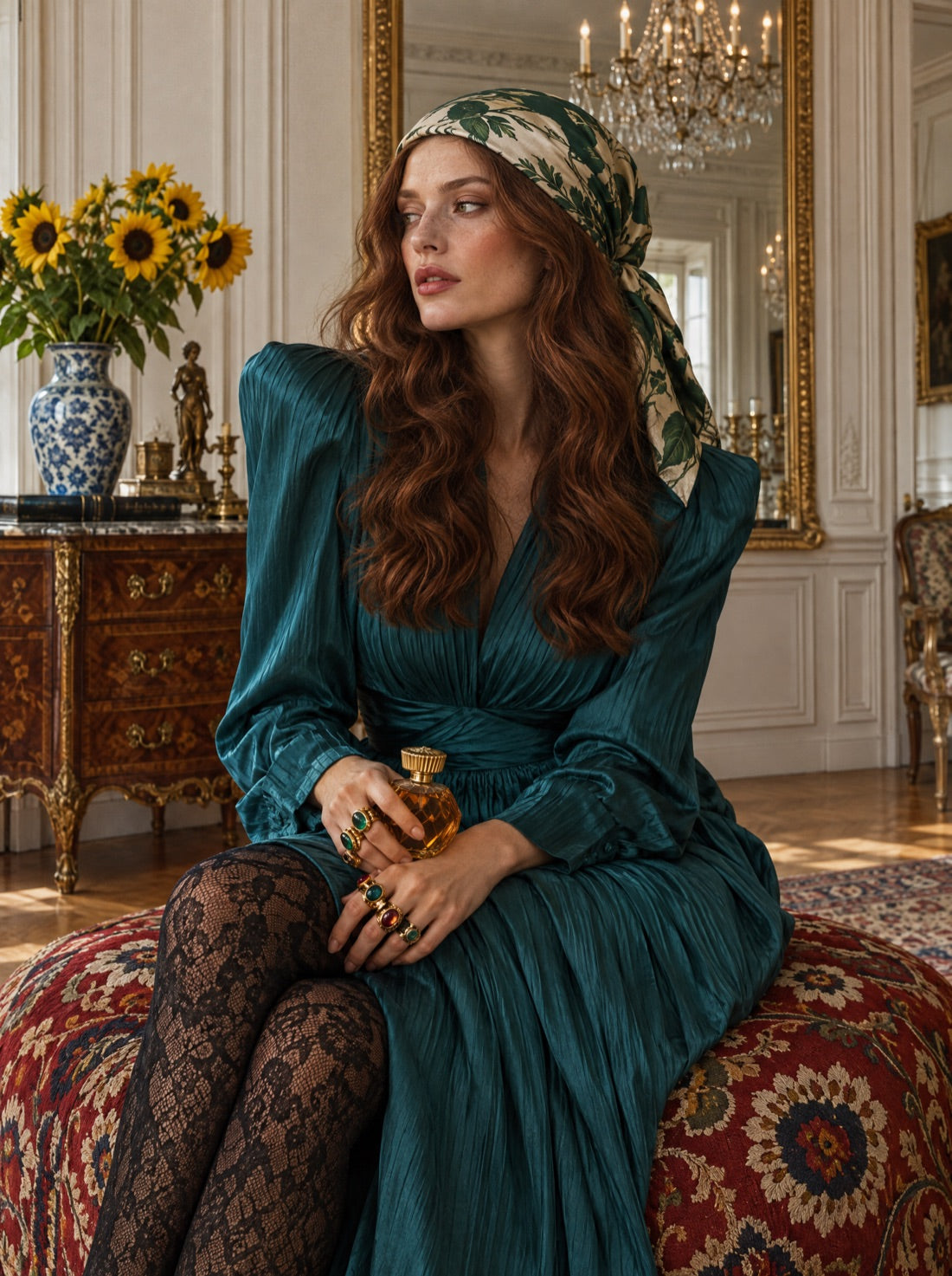 A woman in teal silk on a suzani ottoman in a boiserie salon, holding a perfume flacon